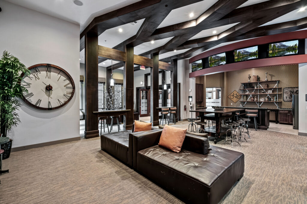 Clubhouse lounge with sofas and tables