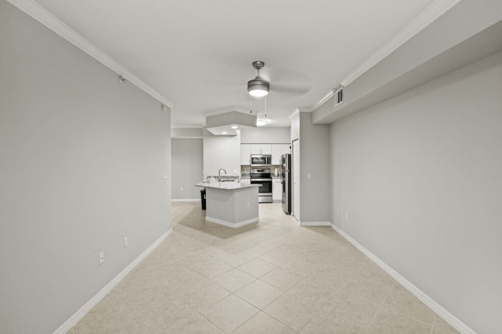 Open concept living room with view into the kitchen
