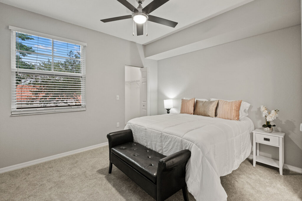 Bedroom with walk in closet and large window