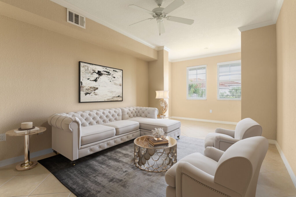 Open living room with large windows