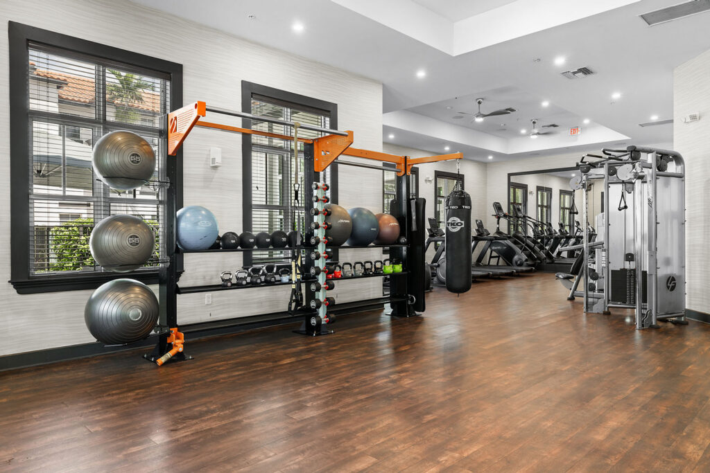 Modern gym with hardwood floors, weight machines, treadmills, exercise balls, free weights, and large windows letting in natural light. Various fitness equipment is neatly organized along the walls.